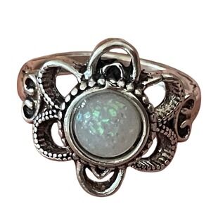 VTG Style Silver Tone Faux Opal Statement Ring Size 7 Boho Floral Filigree